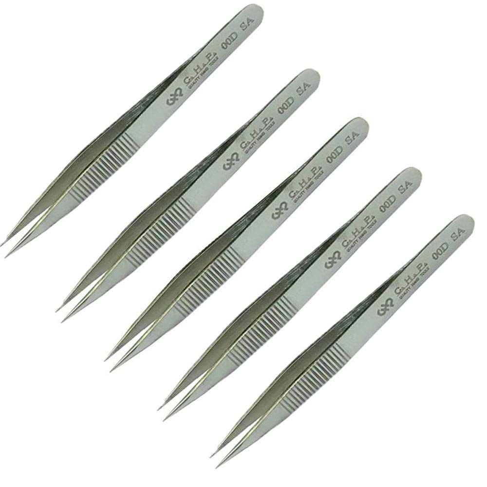 Hakko CHP 00D-SA - Pinzette a punta fine, dritte, seghettate, in acciaio inox non magnetico, resistenti alla corrosione, impugnatura seghettata, lunghezza 11,5 cm, confezione da 5