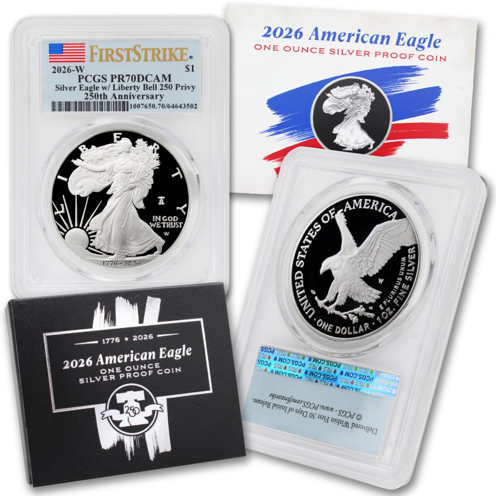 2026 W 1 oz American Silver Eagle Proof Coin PR-70 Deep Cameo (First Strike - 250th Anniversary - Liberty Bell 250 Privy - Flag Label) with Official Government Packaging $1 PCGS PR70DCAM