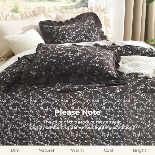 Image of Litanika Floral Ruffle Full Size Comforter Set, 3 Pieces Purple Farmhouse Aesthetic Soft Lightweight Fluffy Bedding Comforter Sets for Girls Women, All Season (79x90In Comforter, 2 Pillowcases)