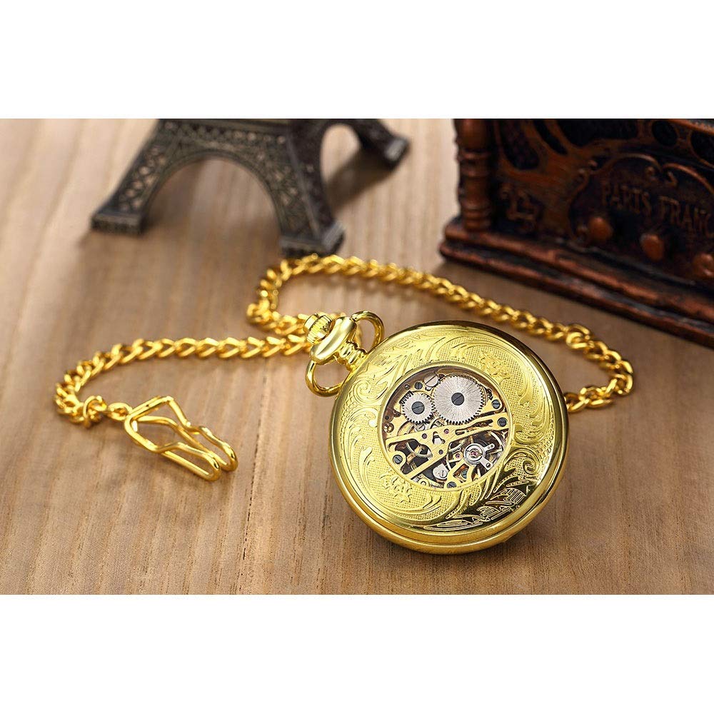Reloj de bolsillo personalizado, enviará reloj de bolsillo luminoso Reloj de bolsillo para hombre Reloj de bolsillo mecánico dorado con tapa de regalo Reloj de bolsillo mecánico para hombre (dorado)