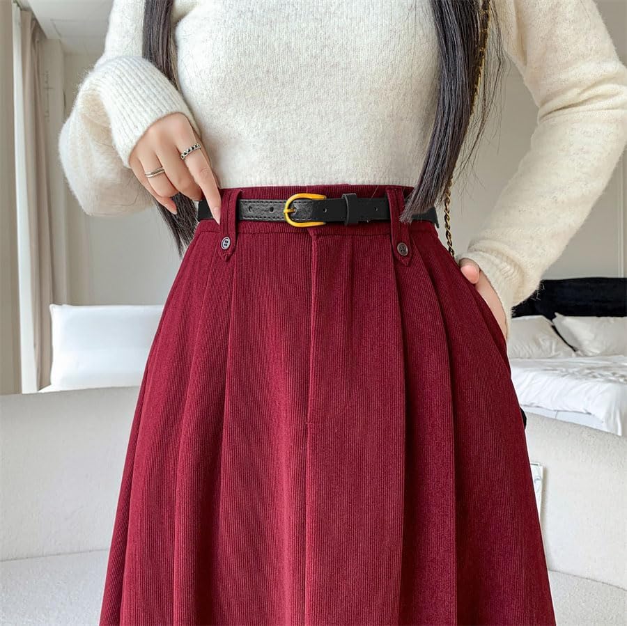 Women's Fall Winter Corduroy A-Line Skirt Elastic Waist Swing Retro Long Skirt with Belt3
