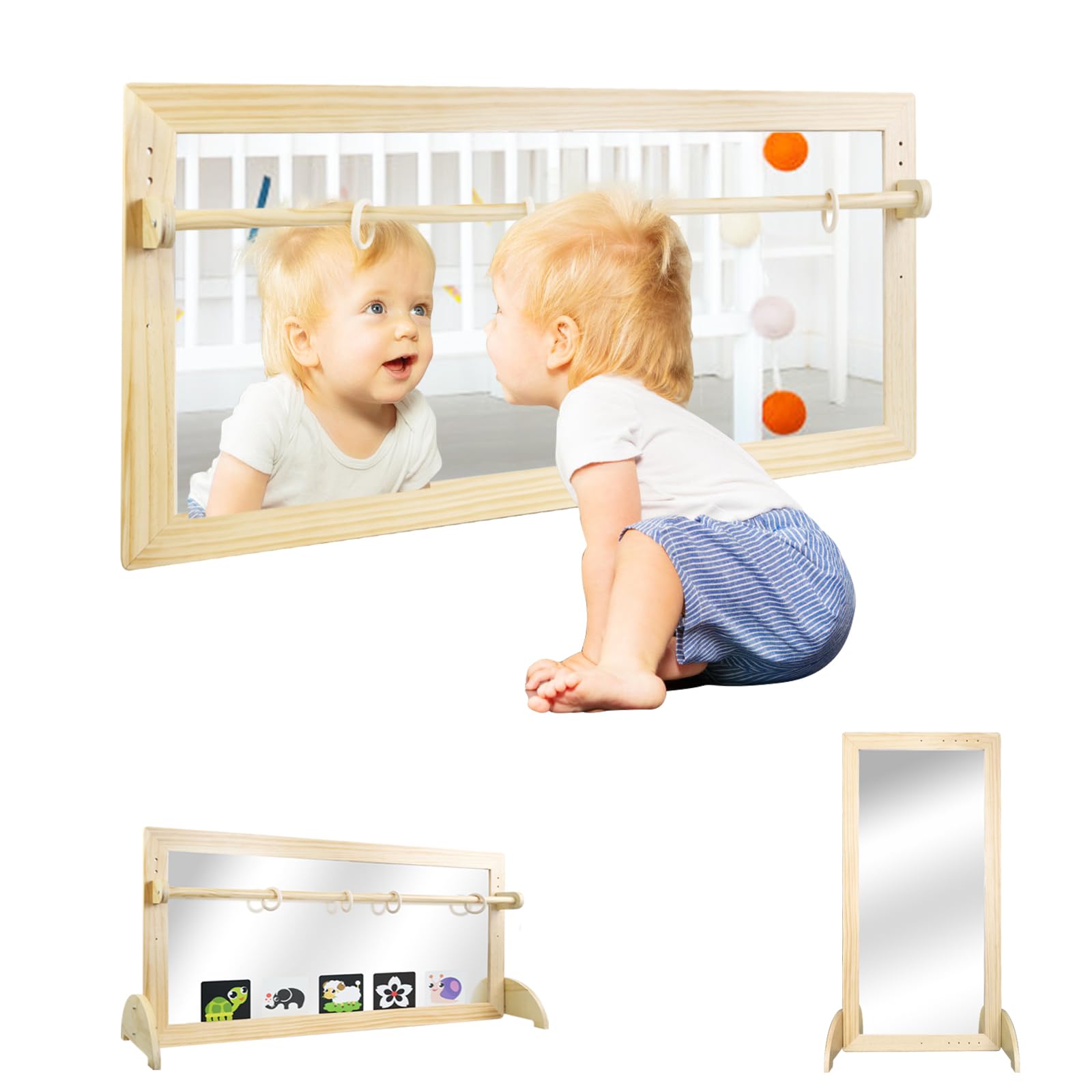 Montessori Mirror with Bar Adjustable Wood Baby Pull Up Bar Floor Wall Shatterproof Safety Infant Coordination Montessori Furniture