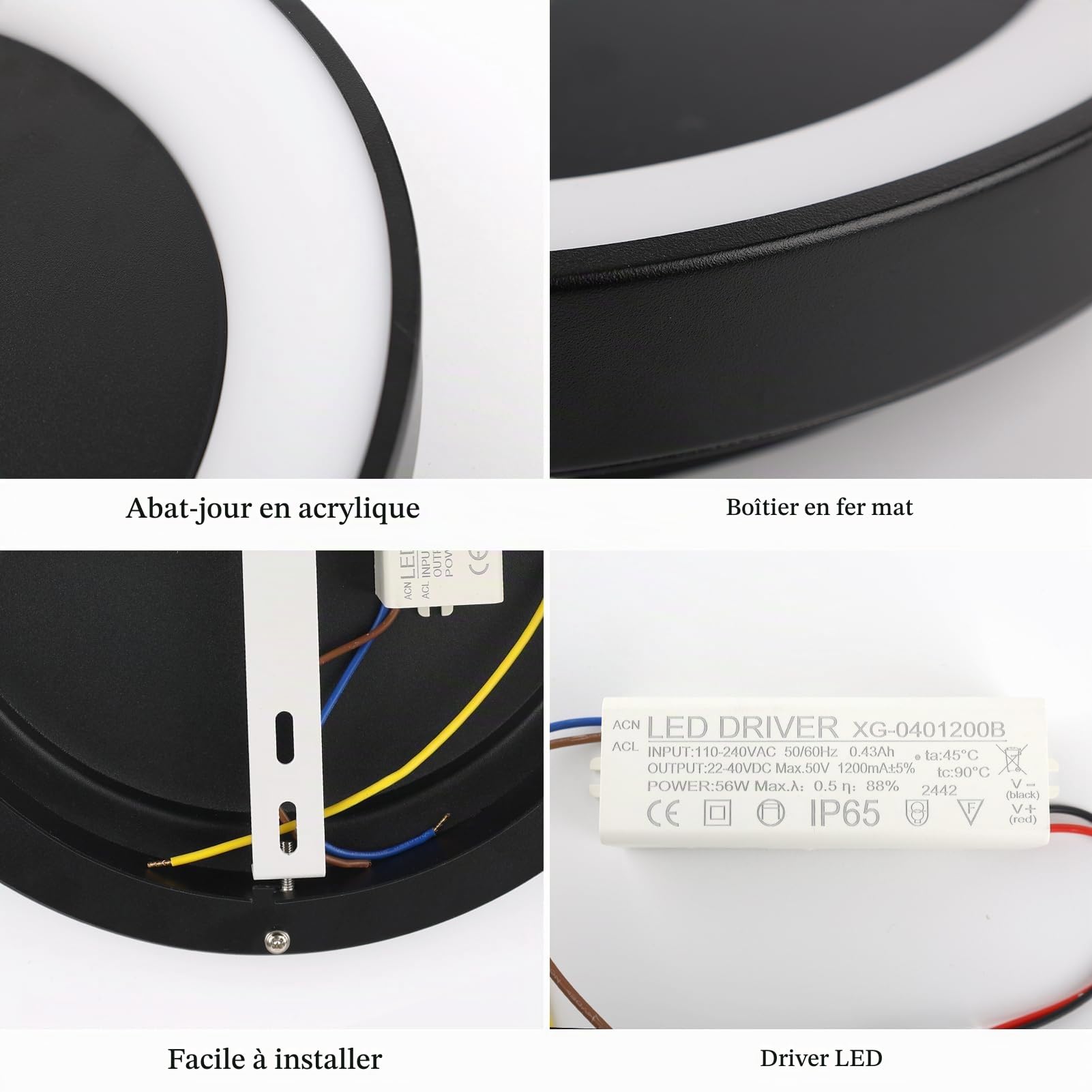 Klighten Plafonnier LED Rond 56W 3500 Lumen, Lampe de Plafond Design en Métal, Luminaire Plafonnier Moderne pour Couloir Chambre Cuisine Salon, 48cm, Blanc Chaud 3000K, Noir