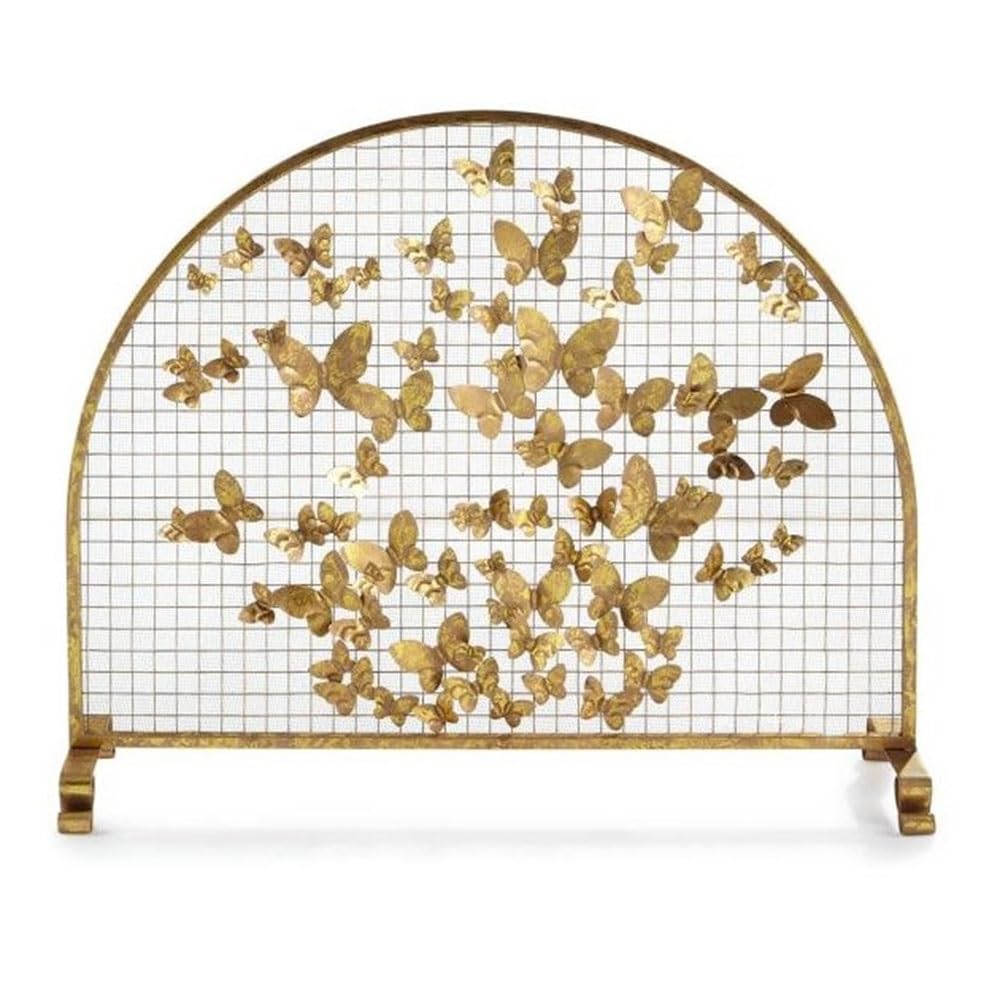 fireplace cover Iron Metal Fireplace Screen Butterfly Decorated Fireproof Cover Guardrail Partition Golden Vintage Style