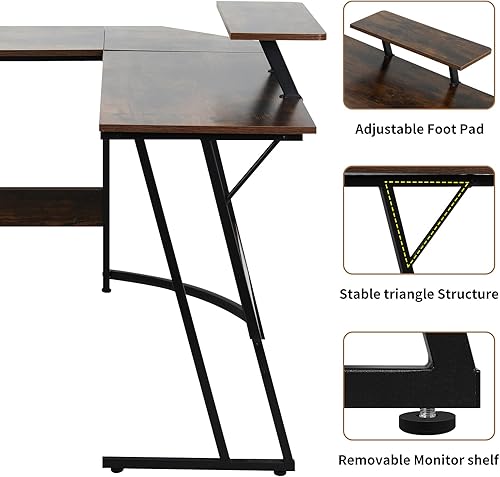 Miniatura 22 de Escritorio para juegos en forma de L con gran escritorio y espacio de almacenamiento, ideal para estudiar, trabajar y jugar, patas ajustables e