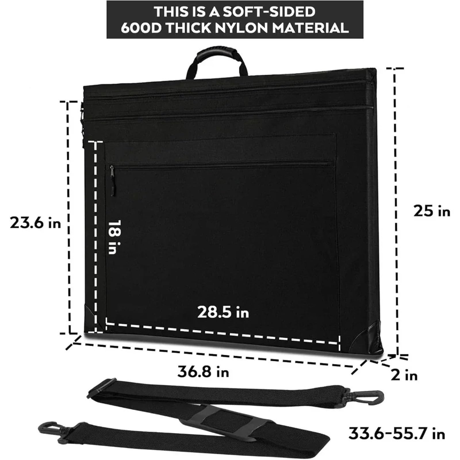 Pochette Dessin Sac à Documents léger en Toile Noire avec bandoulière Amovible et Coins en Cuir.