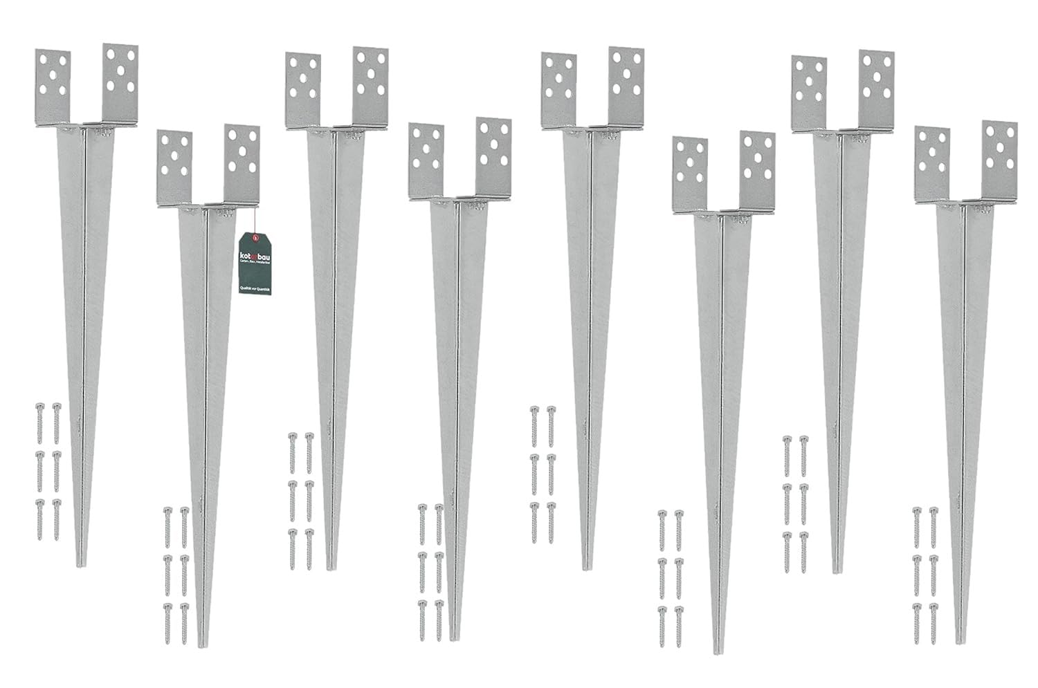 KOTARBAU® 8er Set Pfostenträger - Verstellbarer Pfostenfuß – 0–160 mm – Balkenschuh U – 70 cm – Holzpfostenhalterung – Bodenanker - Einschlaghülse Pfostenträger - verzinkter Stahl