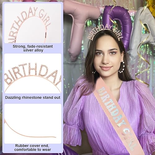 Miniatura 6 de Coronas de cumpleaños para mujeres y niñas, diadema de cumpleaños con diamantes de imitación de oro rosa, banda de cumpleaños para niña, tiara de