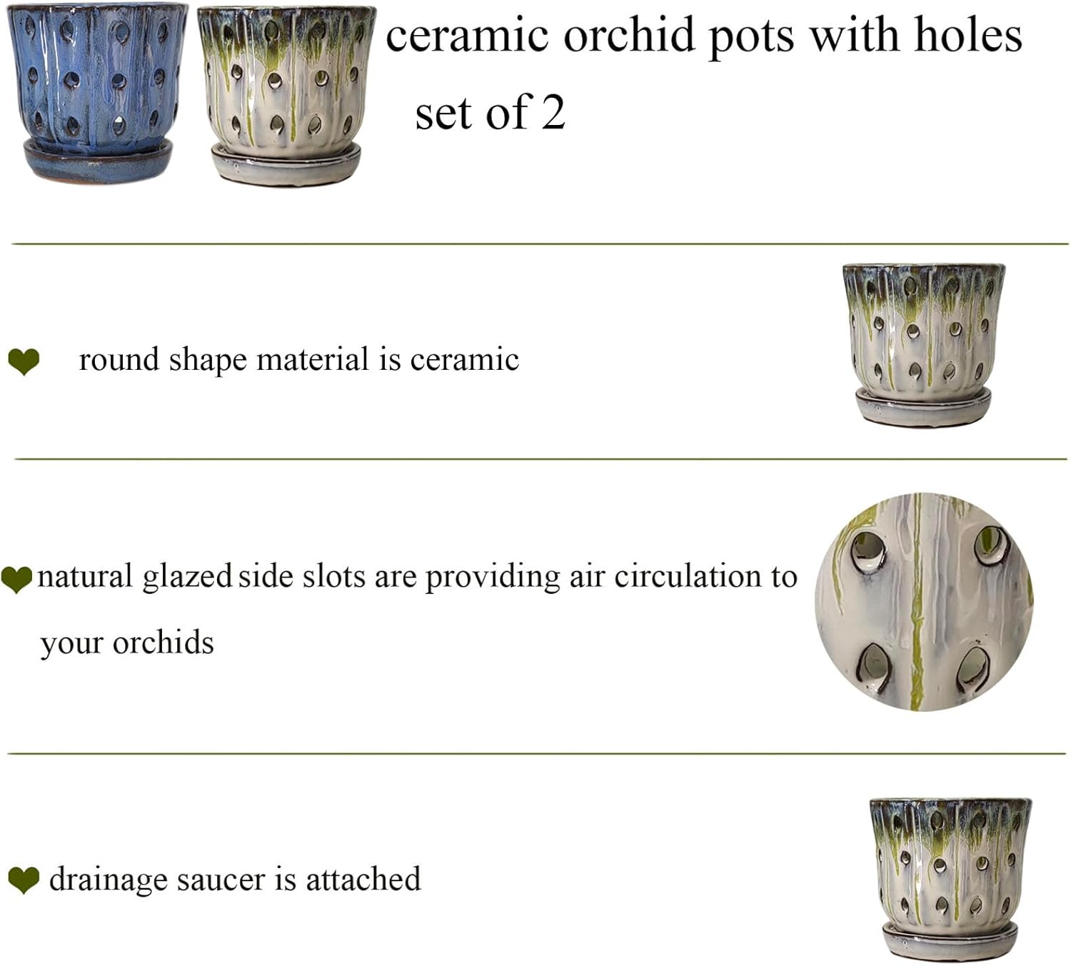 Orchid Pots 4.9 inch Round Ceramic Orchid Pots with Holes Set of 2 (SkyBlue+White with Lemon Green)