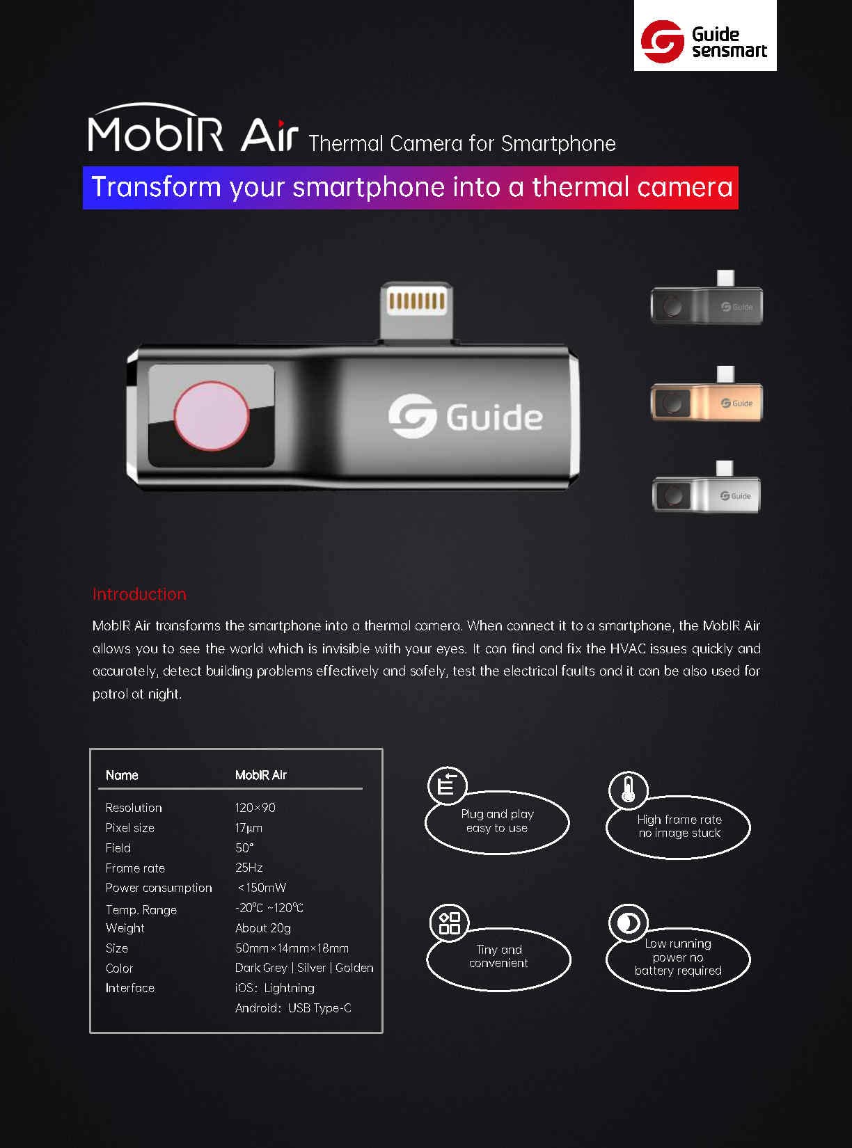 Guía MobIR cámara térmica de aire para smartphone 120 × 90 IR Resolución -20 ℃ ~ 120 ℃, peso 20 G, gris oscuro, plata, oro entrega aleatoria (Android: USB Tipo-C)