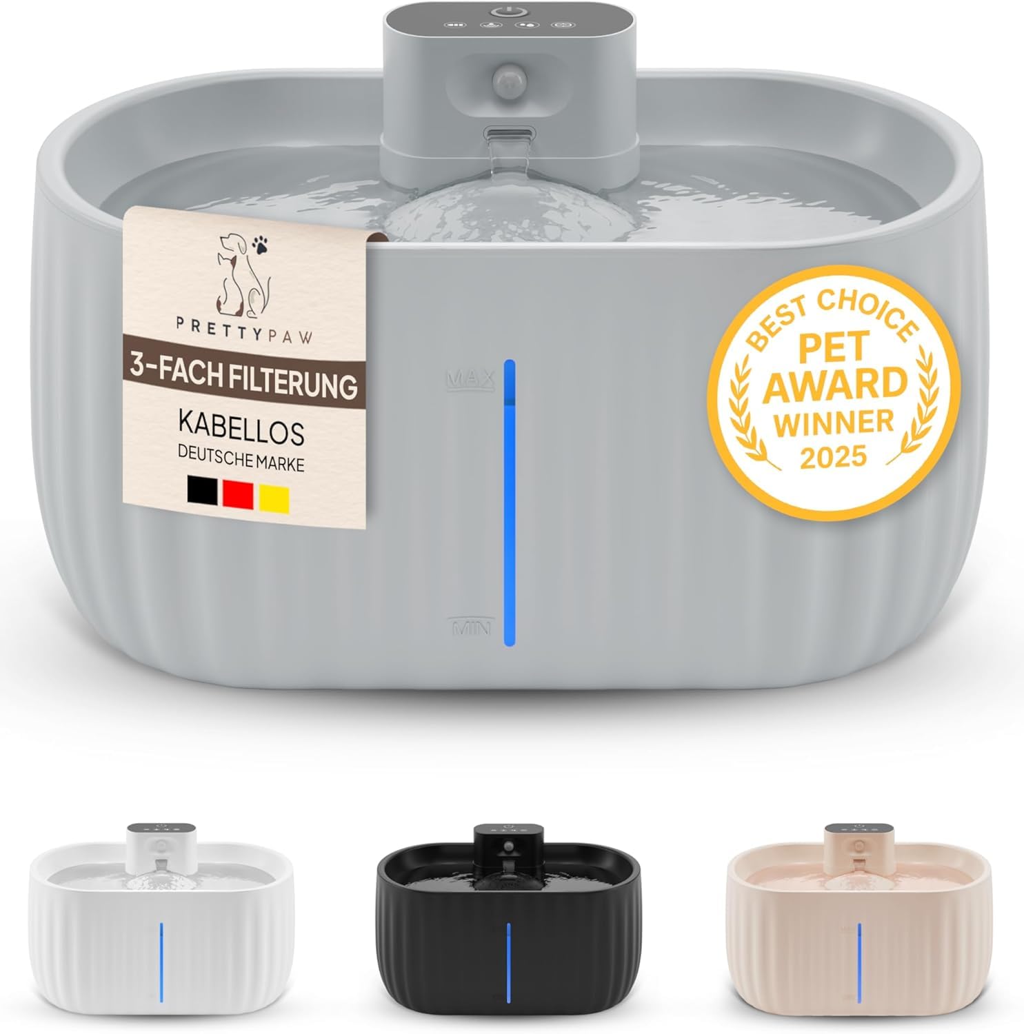 Pretty Paw Katzenbrunnen Kabellos mit Bewegungsmelder - Trinkbrunnen für Katze mit 45 Tagen Akku - Wasserbrunnen für Katzen mit Filter & 3 Liter Wassertank - Aqua Sense (Grau)
