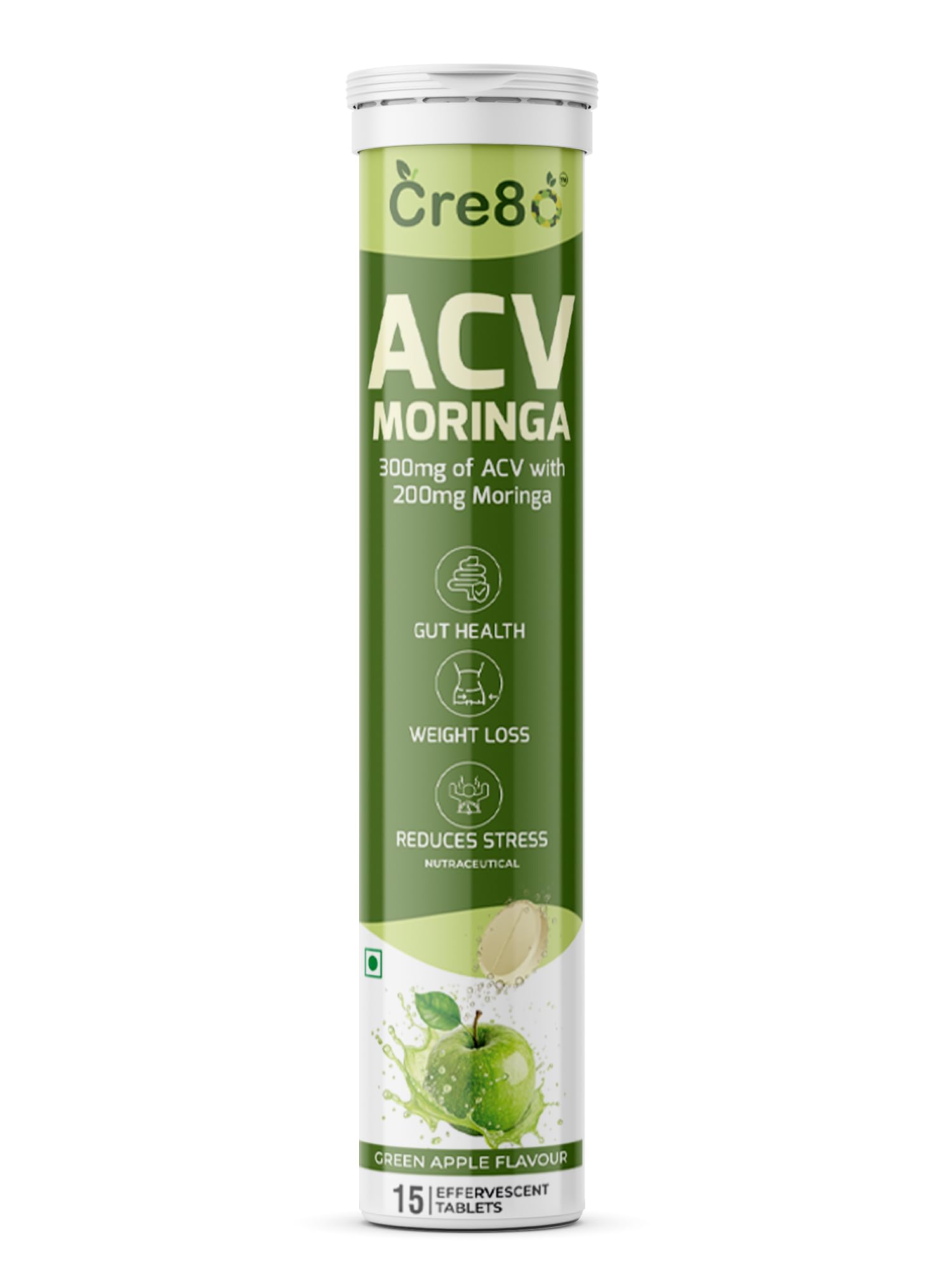 CRE8O APPLE CIDER VINEGAR 500MG WITH MORINGA 300MG TO Weight Loss, Gut Health And Reduces Stress (Green Apple) (15 Tablets)-image-8