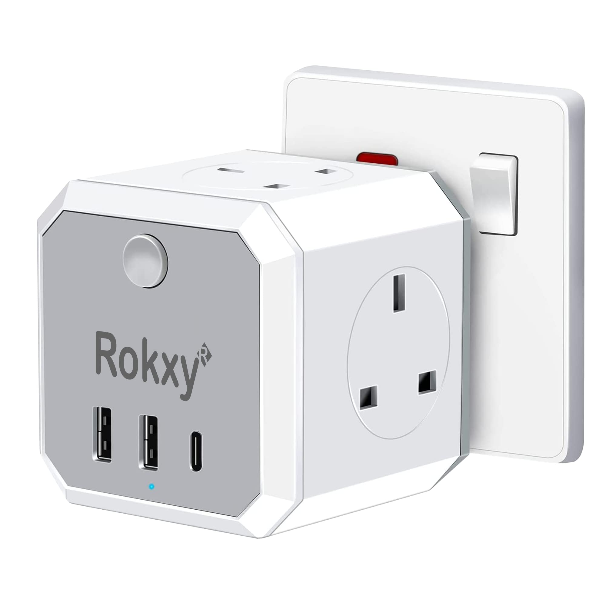 ROKXYExtension Cube with 4 UAE/UK Sockets, 3.4A Type C + 2-USB A Ports Multi Socket Plug Adapter, 7 in 1 Power Extender with 13A Fuse for Household Appliances, Smartphone, Tablets
