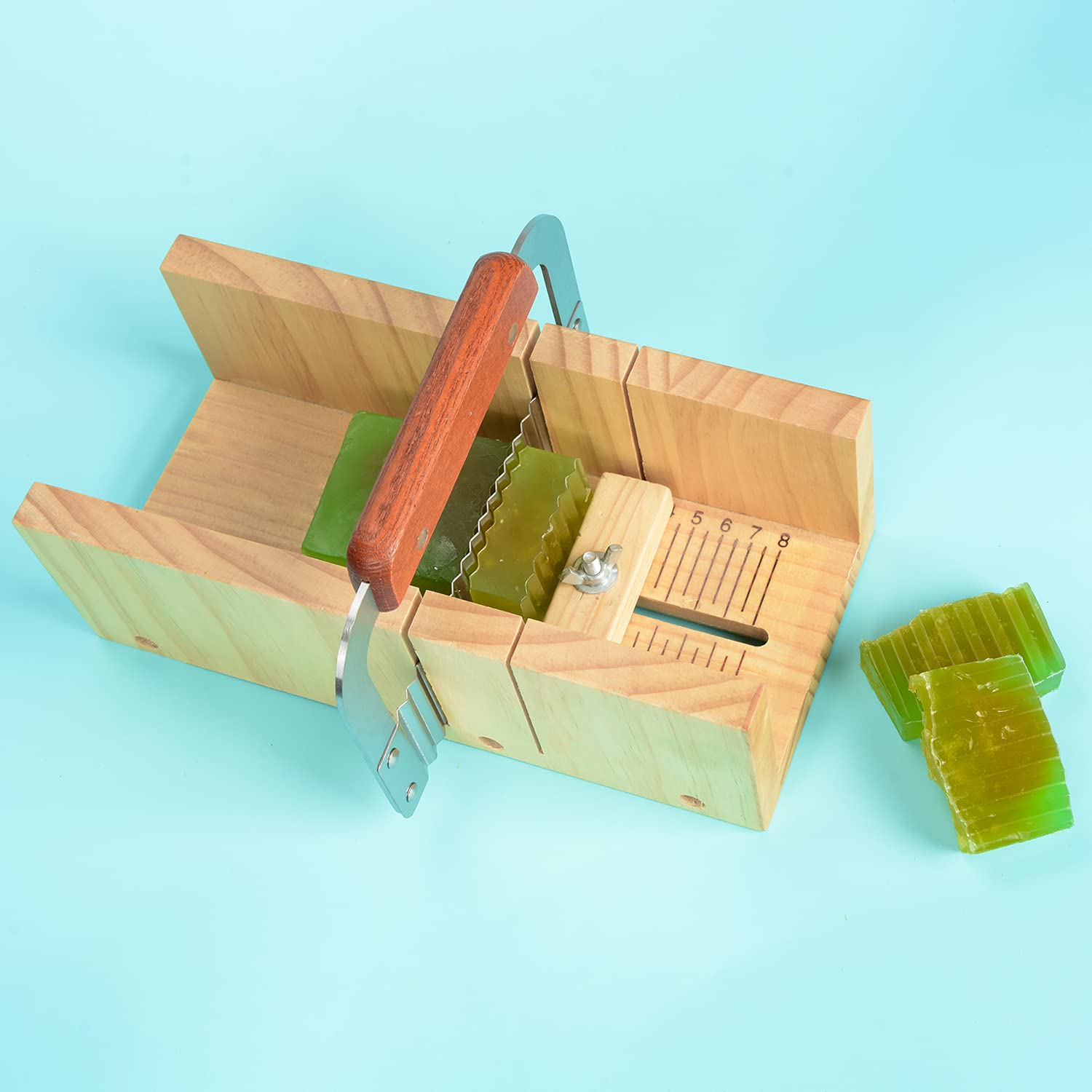 Holzseifenlaibform und Seifenschneider-Set - 2 Stück Rechteck Silikonform unterschiedlicher Größe mit Holzkiste und 1 Stück Edelstahl-Geradschneider und 1 Stück Wellenschneider