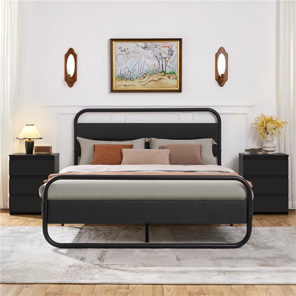 Yaheetech 2X Mesitas de Noche Negras con 3 Cajones Mesas Auxiliares | de Madera Estilo Moderno para Sala de Estar 45 x 35 x 60,5 cm Dormitorio Salón