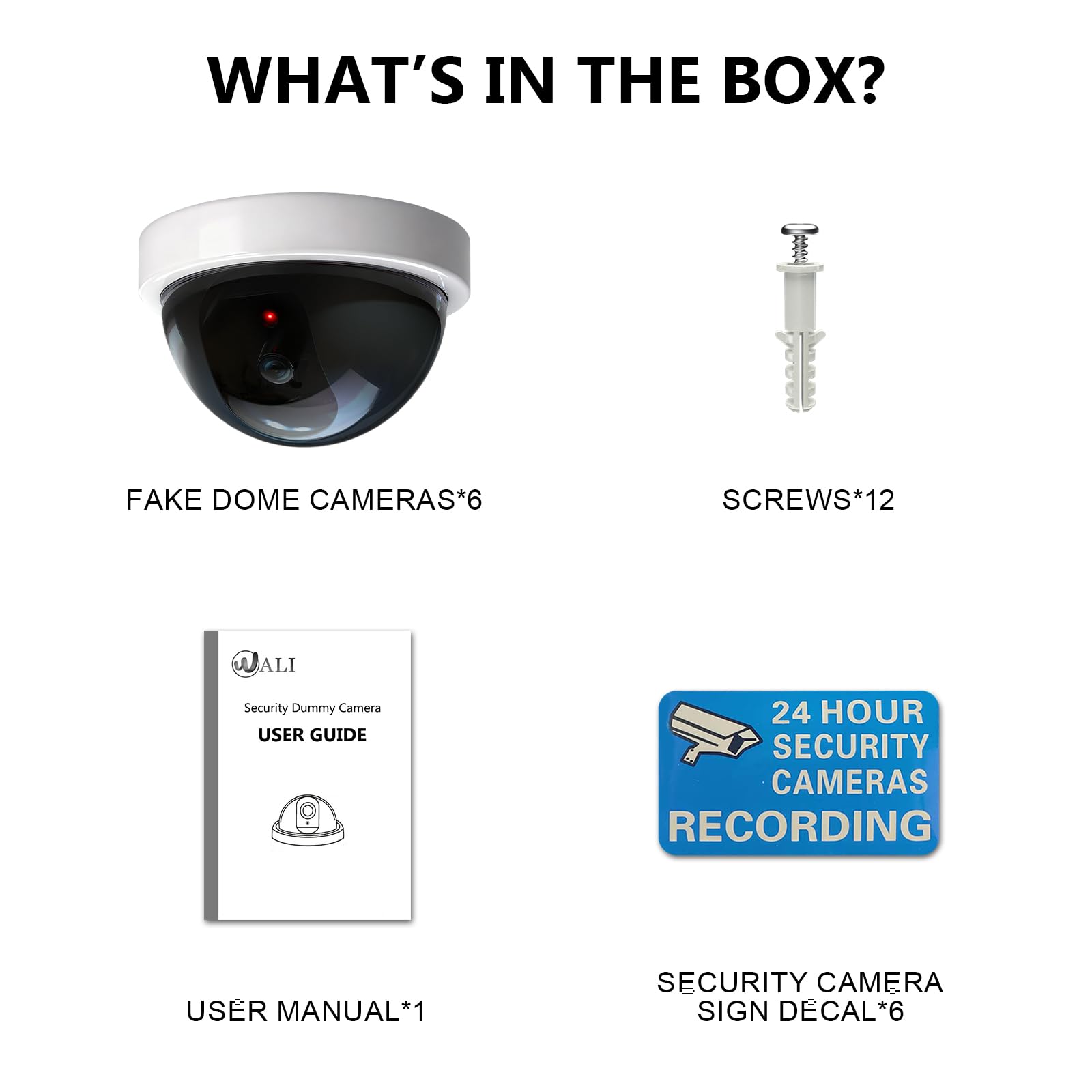 WALI SDW-6 - Telecamera finta di sicurezza a cupola con luce LED rossa lampeggiante con avviso di sicurezza, confezione da 6, colore: bianco