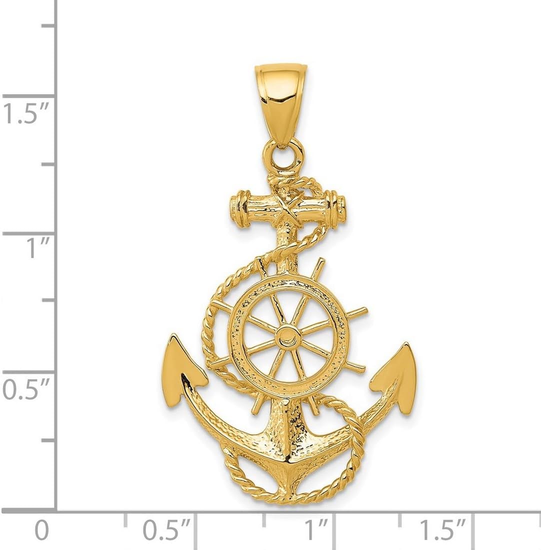 JewelryWeb 14k Yellow Gold Solid Polished Large Nautical Ship Mariner Anchor With Wheel Pendant Necklace 42.5x34.6mm Pendant for Women - Image 2