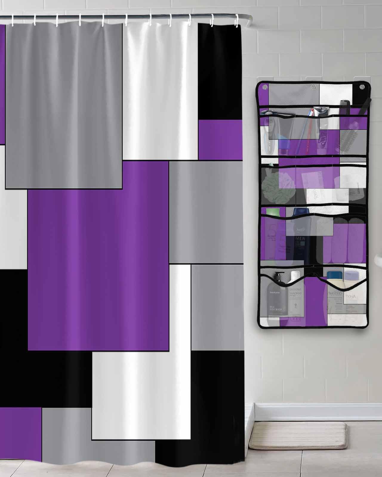 Shower Curtain Mesh Shower Organizer Hanging Set Abstract Art Patchwork Purple Black and Grey Waterproof Shower Curtains with