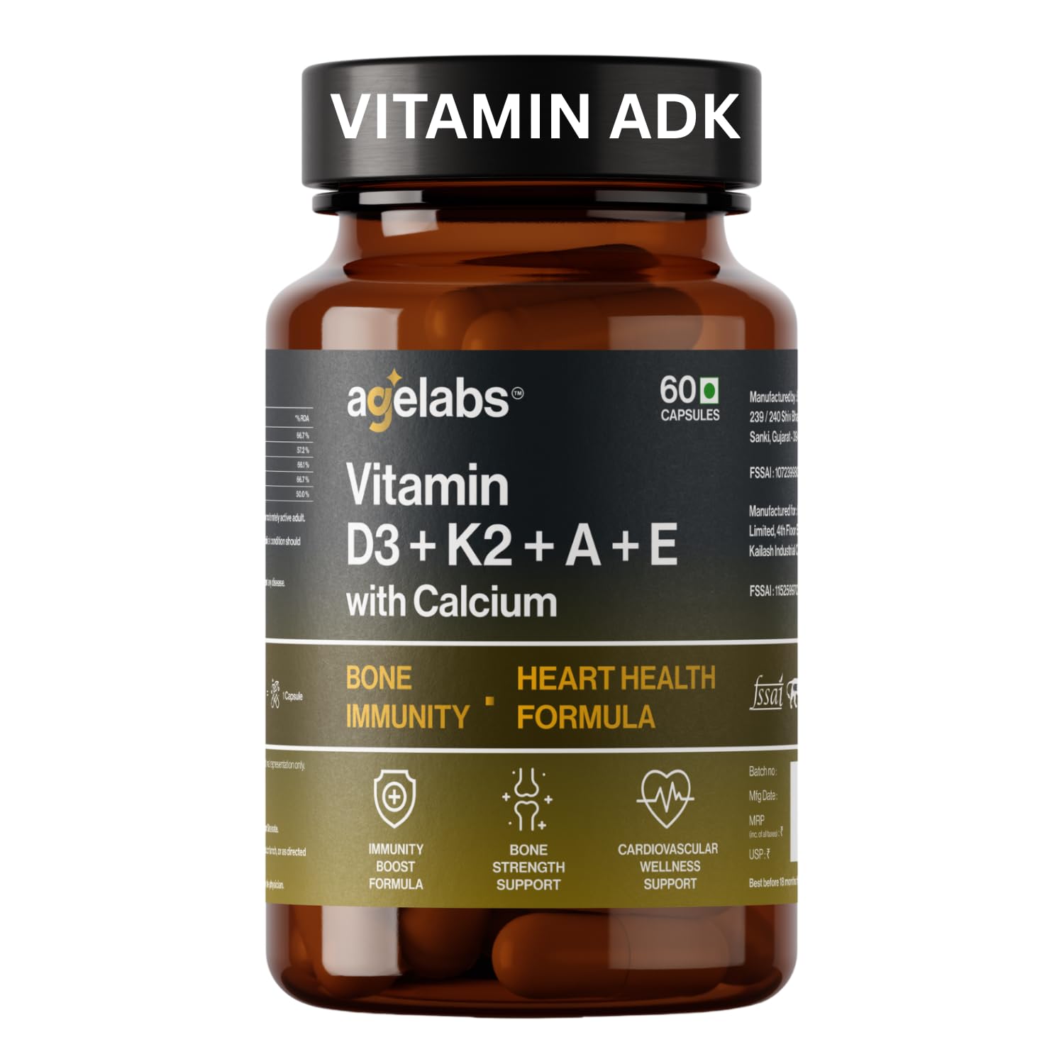 Vitamin D3 + K2 (MK-7) with Vitamins A ,E with Calcium | Advanced Bone, Immunity & Heart Health Support | 60 Vegetarian Capsules | High Absorption Formula for Strong Bones, Vision & Skin Wellness-image-20