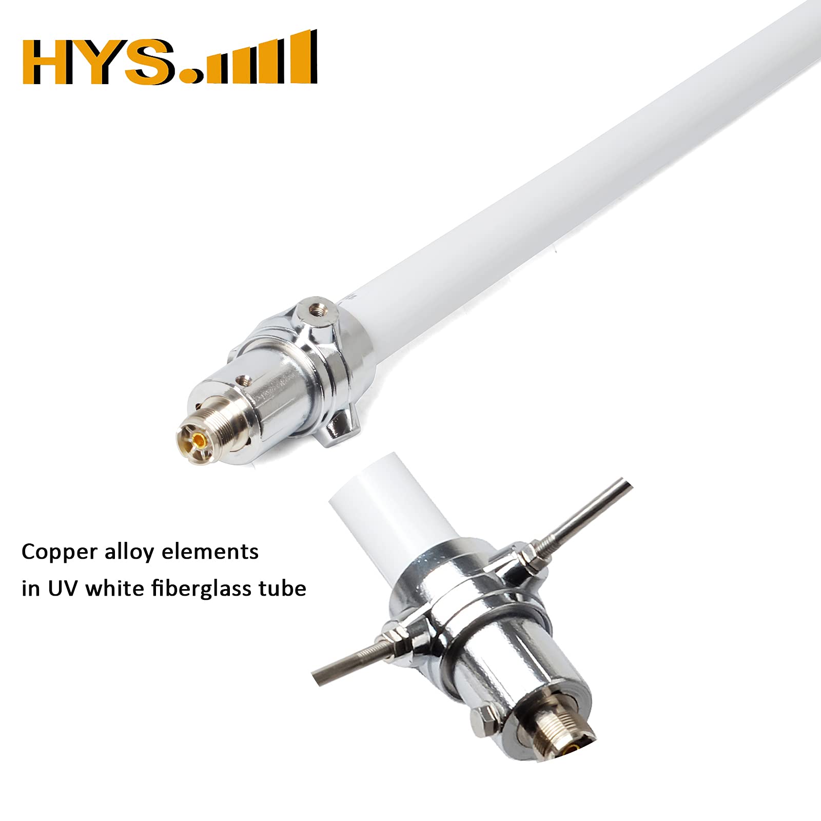 HYS Antenne extérieure 5,5/8,5 dpi double bande 2,2 m pré-réglée 144 Mhz/430 Mhz très résistante en fibre de verre 200 W avec connecteur UHF femelle (SO239)