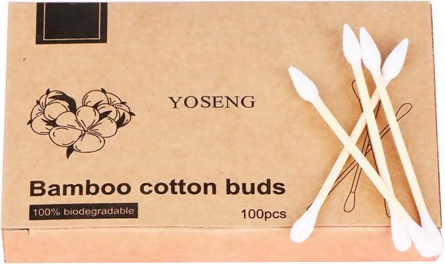 Yoseng Natural Bamboo Cotton Swabs, Eco-Friendly & Biodegradable  Comfortable and Soft,Two Tip Buds 2 Different BudsBamboo Swabs for Ears Cleaning Makeup- Zero Plastic (1 Pack of 100)