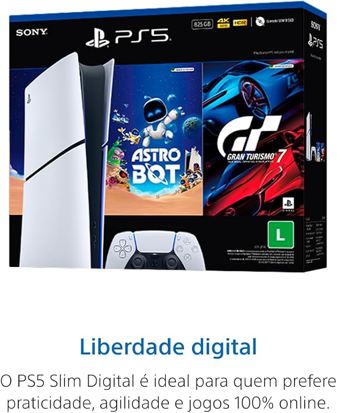 Visão frontal da caixa do PS5 Slim Digital com informações de 825GB, 4K e 120Hz