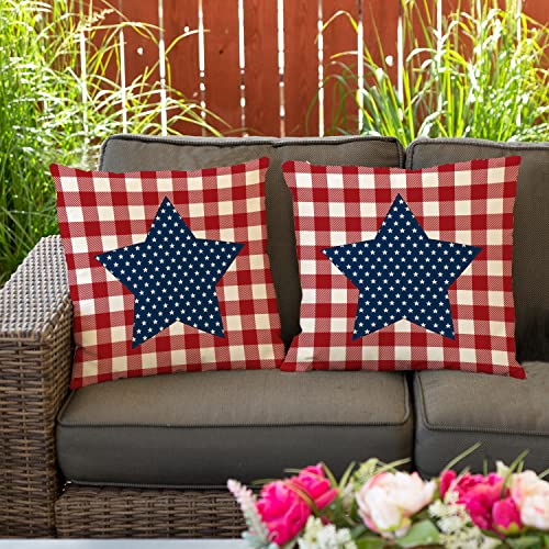 Gtext Set Of 2 Blue Star On Red Checked Background Pillow Covers 18 X 18 Inch Independece Day Throw Pillows Memorial Day Both Printed Patriotic Cushion Covers #TOP3