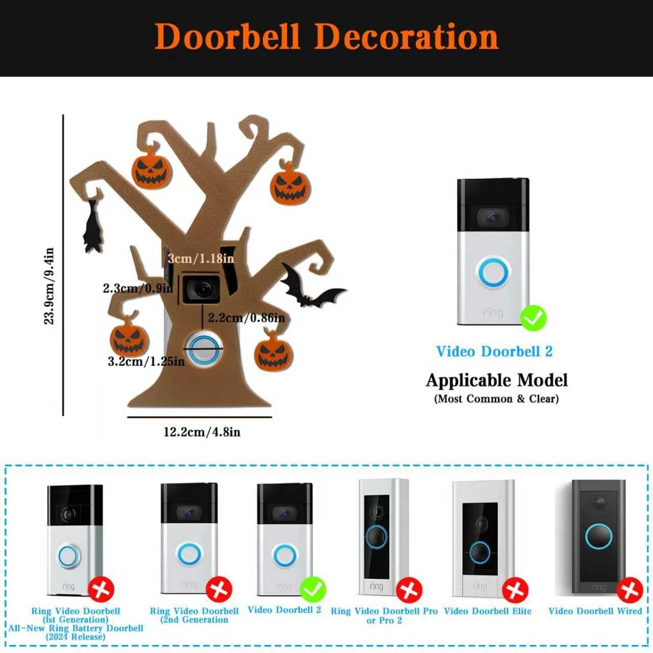 Halloween Doorbell Cover for Ring Video Doorbell 2 | Spooky Tree Design with Pumpkin & Ghost | Weatherproof Outdoor Decor