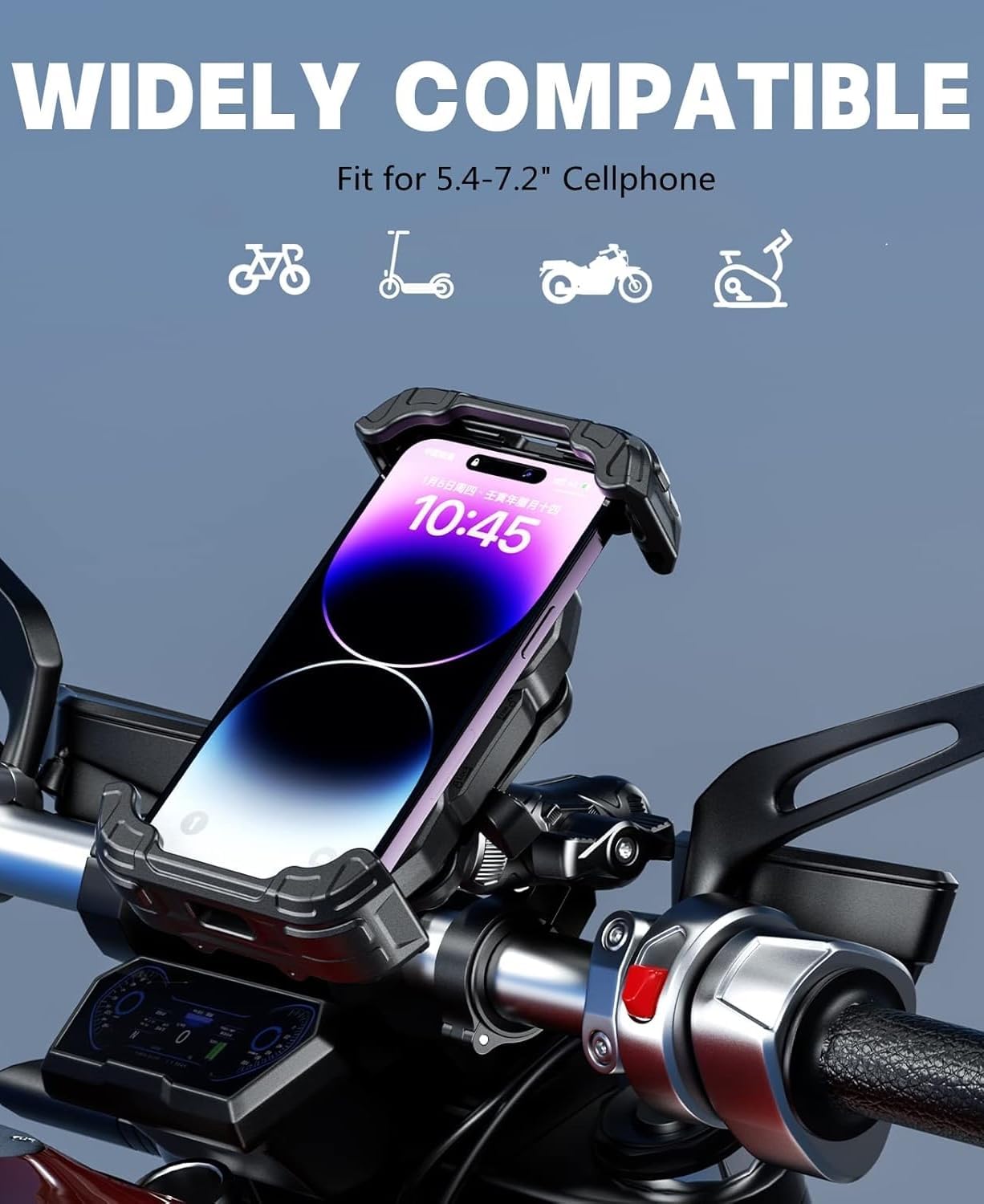 Kewig M28 Motorcycle Phone Mount installed on a handlebar with a smartphone