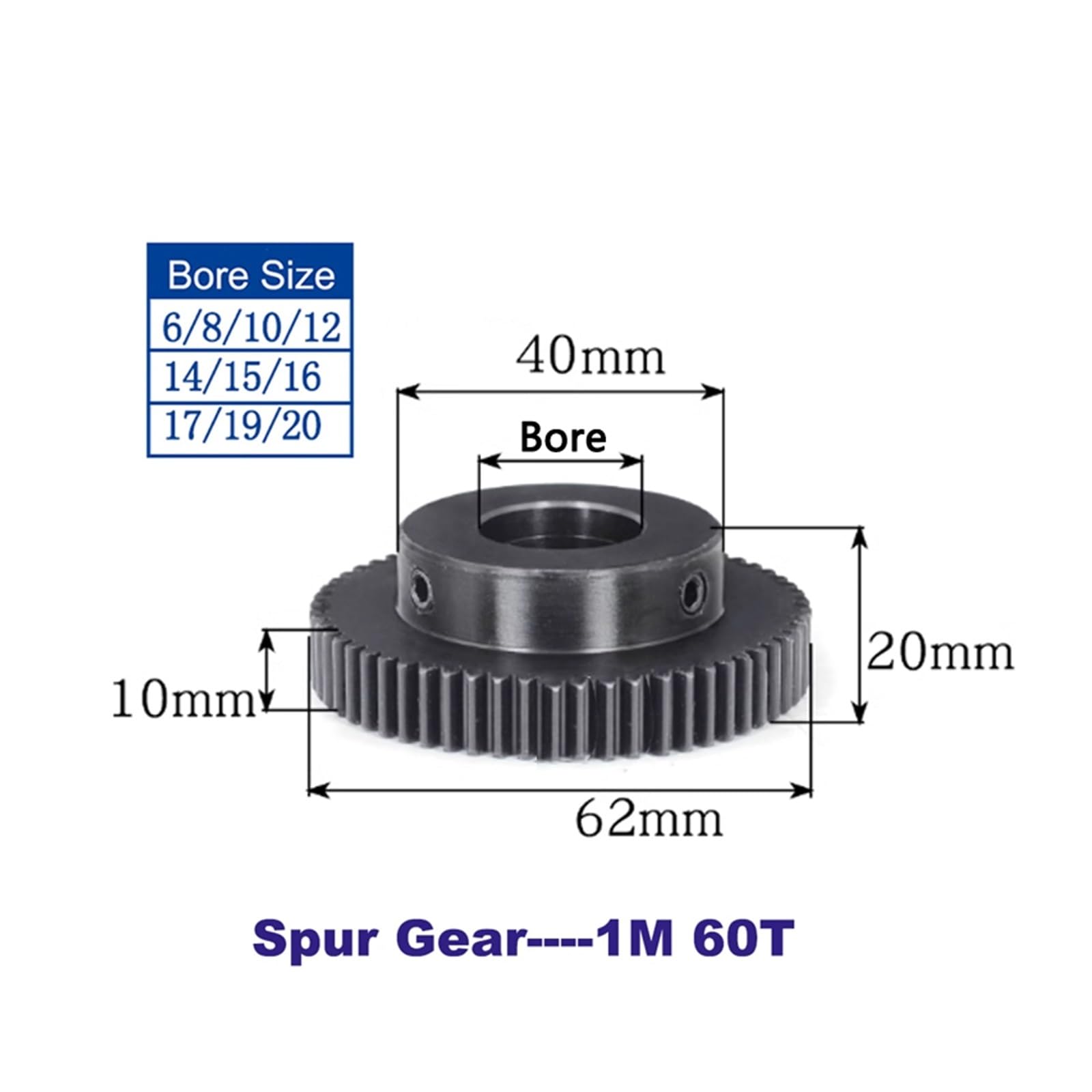 Bevel Gear Pinion Hardware Mechanical 1pcs 1M 60T Spur Gear with Step Bore 6/8/10/12/14/15/16/17/19/20mm Module 1 60 Teeth Motor Gear(20mm)