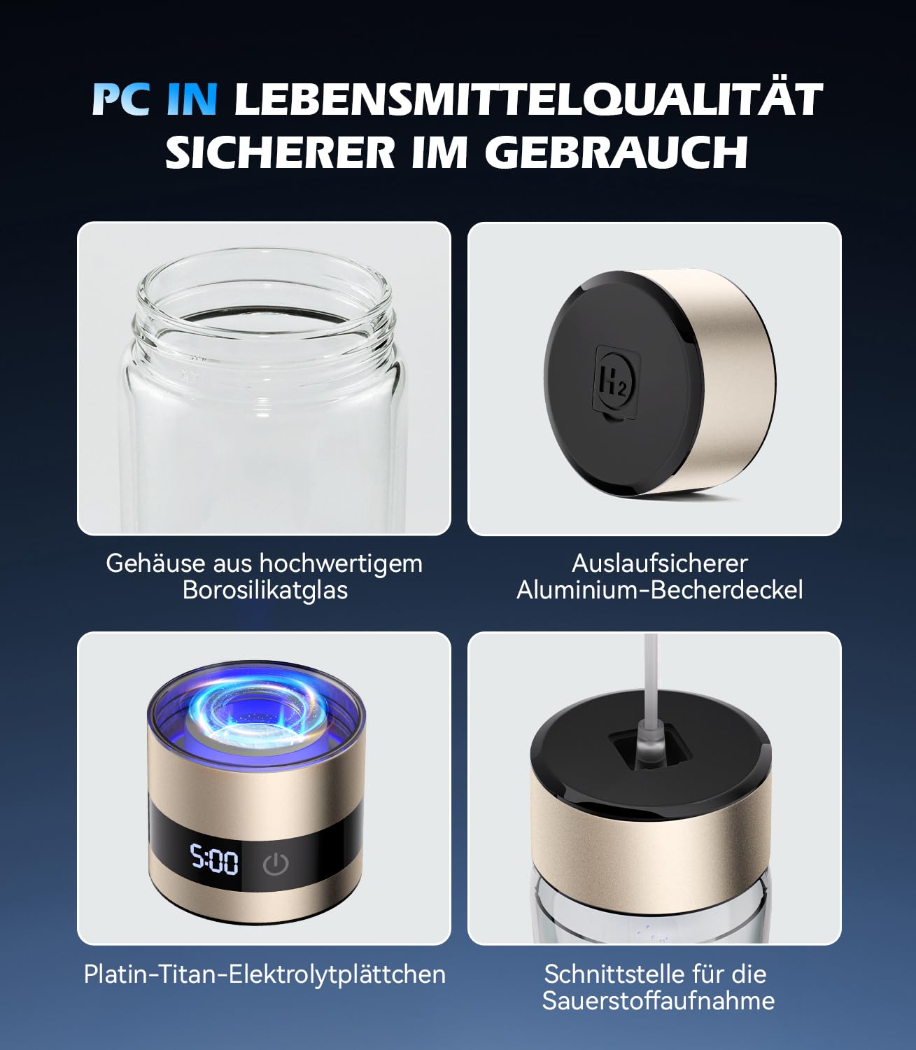 2025 Neu Wasserstoff Wasserflasche mit Digitalanzeige, Wasserstoffreiches Wasser in 5 Minuten,5000 PPB H2-Konzentration & SPE-Technologie der 2. Generation,450ml (Gold)