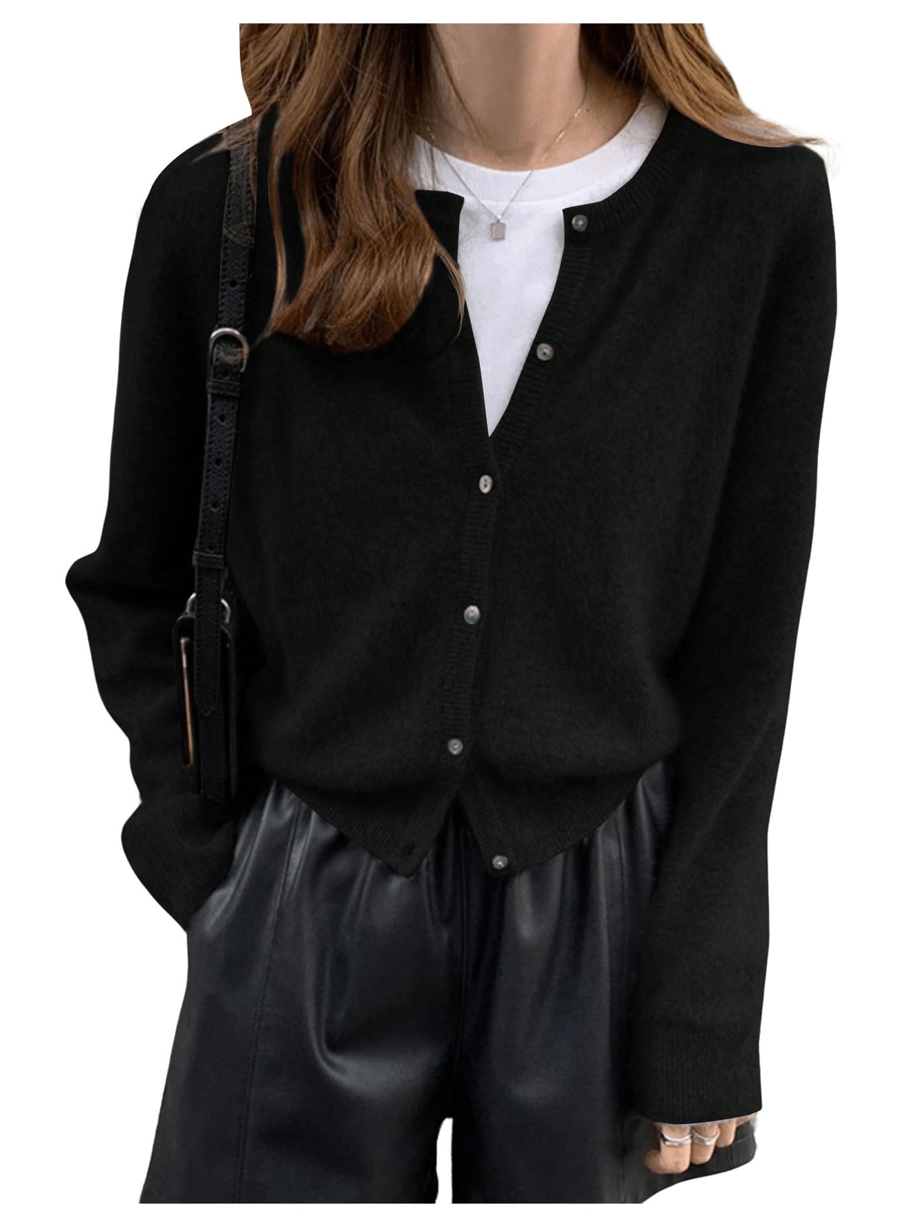 SweatyRocks Women's Light Weight Cardigan Round Neck Long Sleeve Button Down Sweaters Knitwear