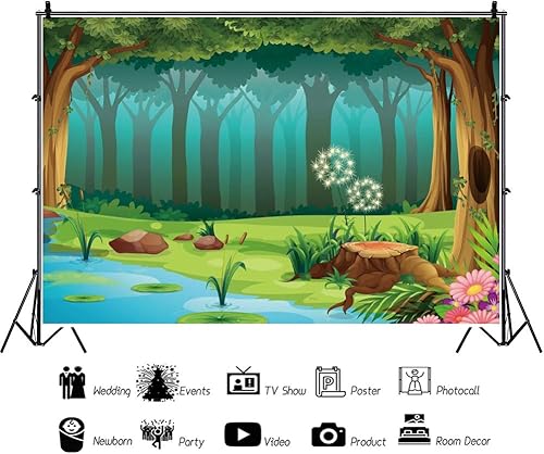 Miniatura 3 de Leyiyi Fondo de fotografía de bosque encantado de 5 x 3 pies, diseño de cuento de hadas, bosque, primavera, flores, río, caricatura, telón de fondo,