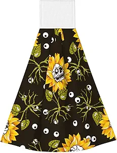 Sunflower Skull Eyes Hanging Hand Towel for Bathroom, Sugar Skull Flower Kitchen Towels with Hanging Loop Absorbent Washcloth Tie Towels Dish Cloth