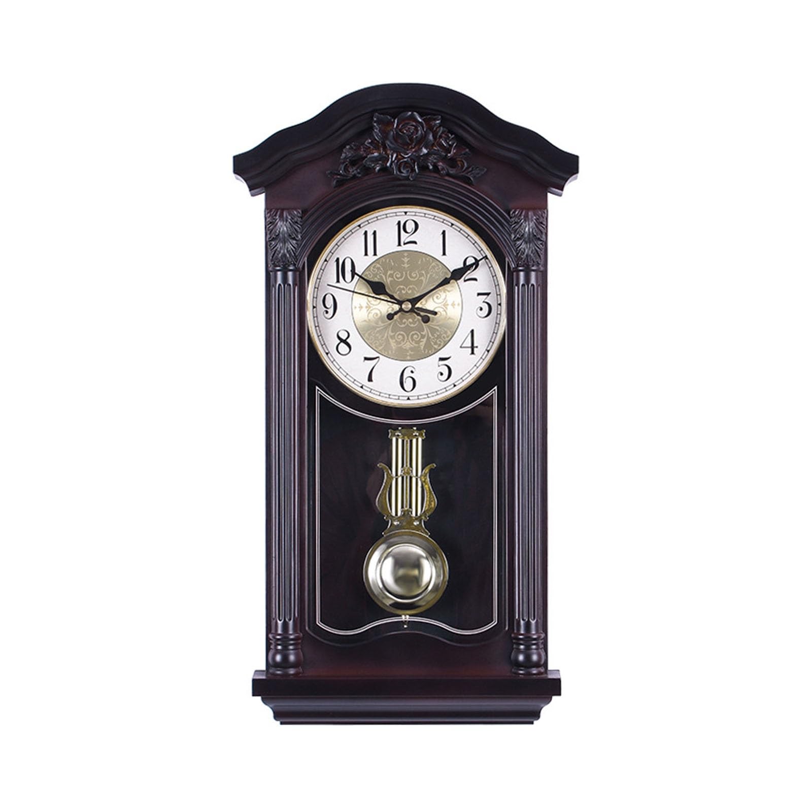 VNVFJKLO vintagewall clock, Traditional Chiming Pendulum Wall Clock,with Battery hree-dimensional Carving Fireplace(Brown)