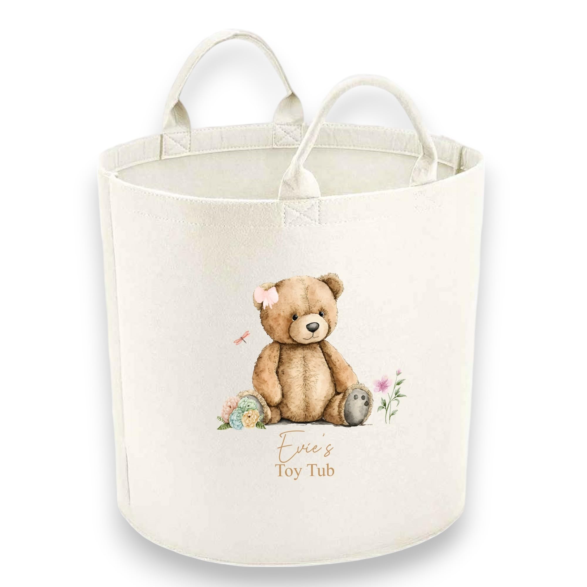 Personalised Child Felt Toy Tub with Pink Teddy Bear Print (Various Sizes) (Medium: 40cm x 40cm) | Toy Storage Tub | Laundry Basket (Small (30x30cm))