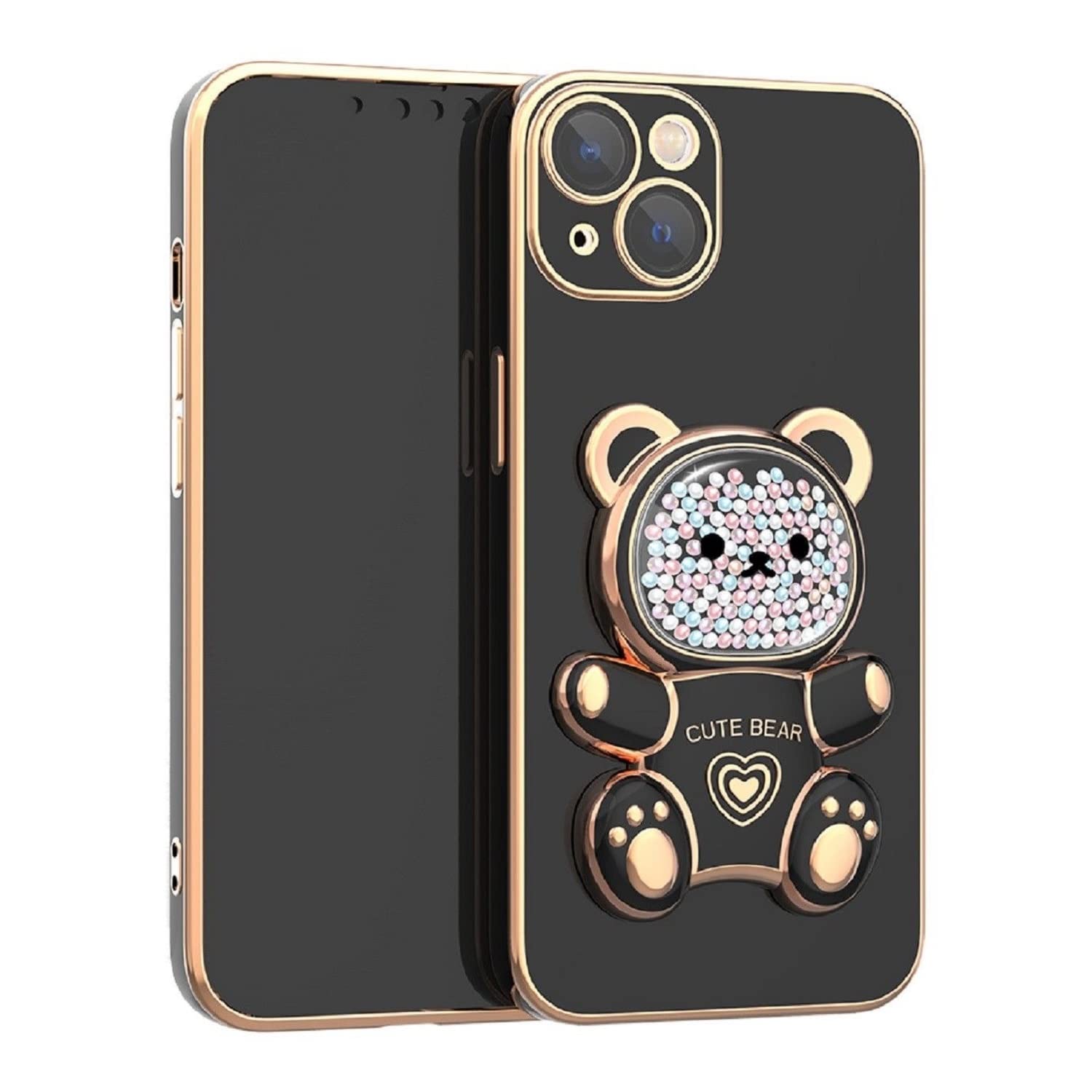Cute Bear Hidden Stand Compatible with iPhone 13 Pro Case, Soft TPU Bumper Shockproof 3D Bear Bracket Phone Case with Camera Protection for Women, Girl - Black