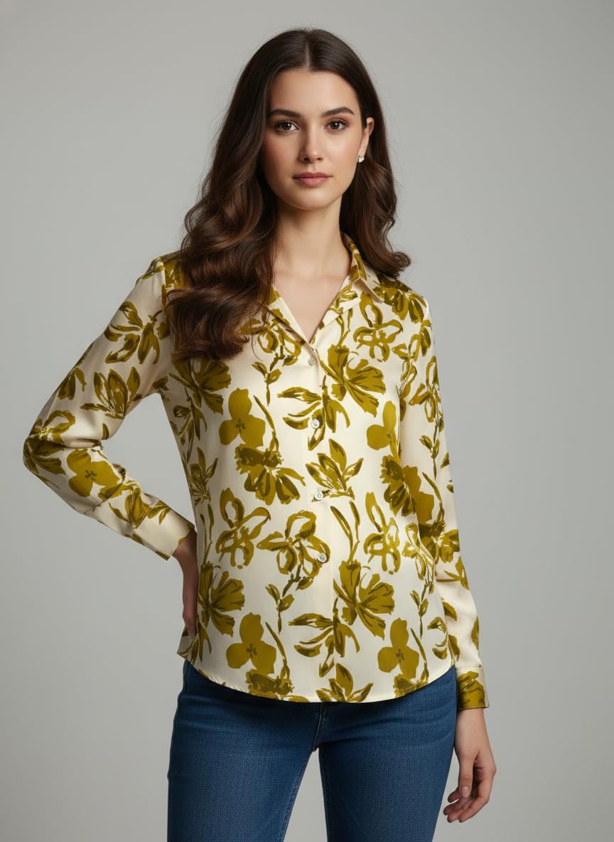 ANNI Designer Bedrucktes Damenhemd aus Baumwollmischgewebe, langärmelig, normale Passform, Hemdkragen, legere Bürokleidung, elegante Western-Kleidung für den Alltag, Hochzeit, Party