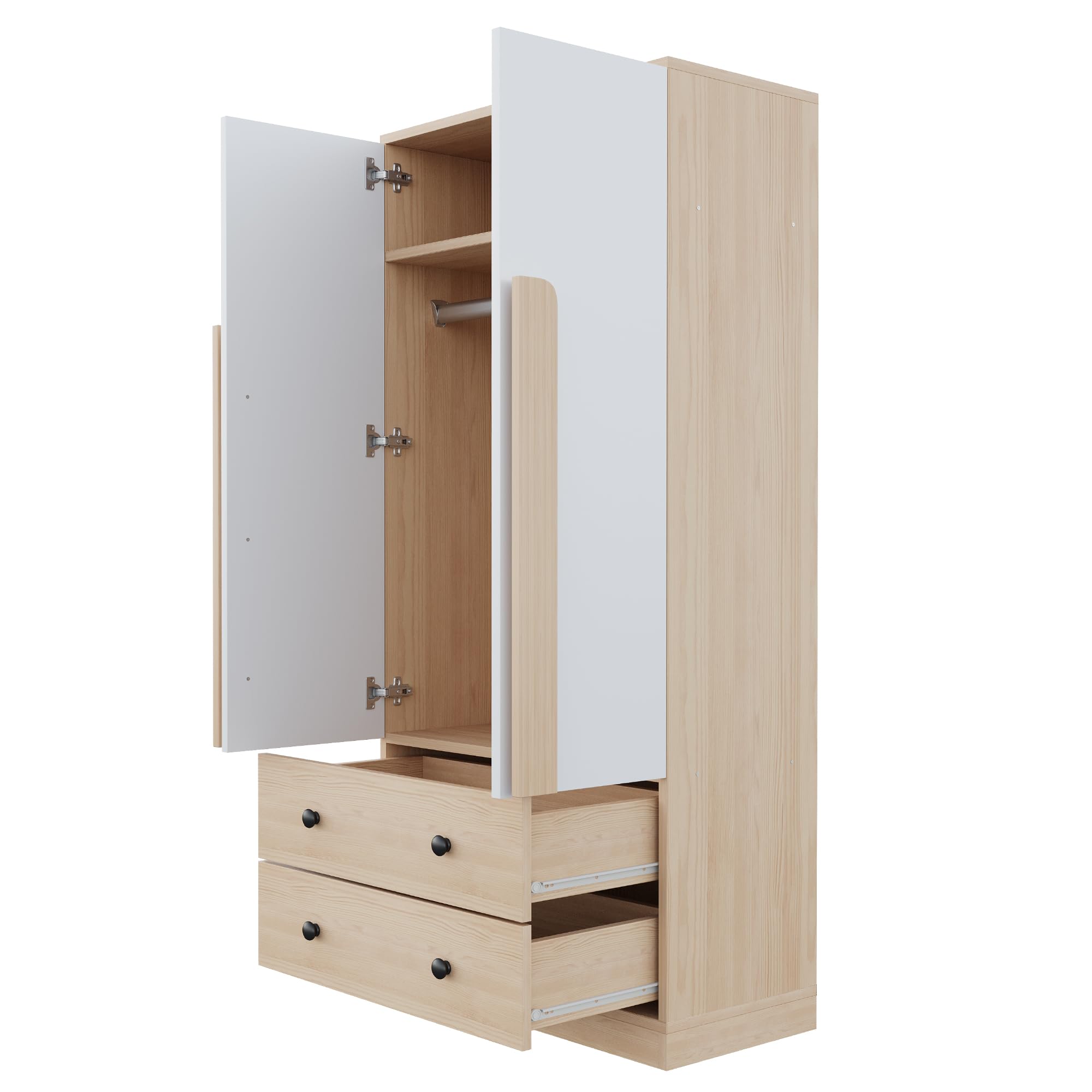 Armadio 70 x 40 x 170 cm, design a doppia ante, con cassetti e ripiani, colore legno + bianco