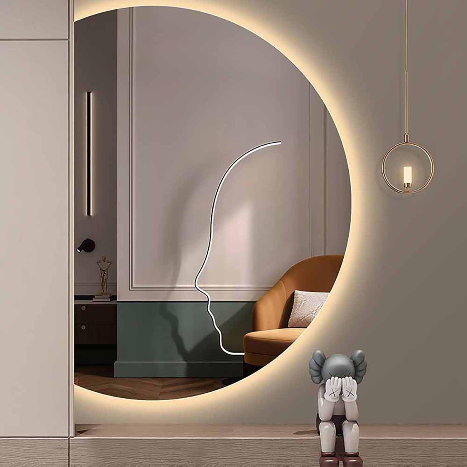 FGXHHS LED 51" Half Moon Vanity Mirrors for Wall, Mirror Trim, Semi-Circle Fogless Wall 3 Colors Dimmable Lighted(Right,35"x24")