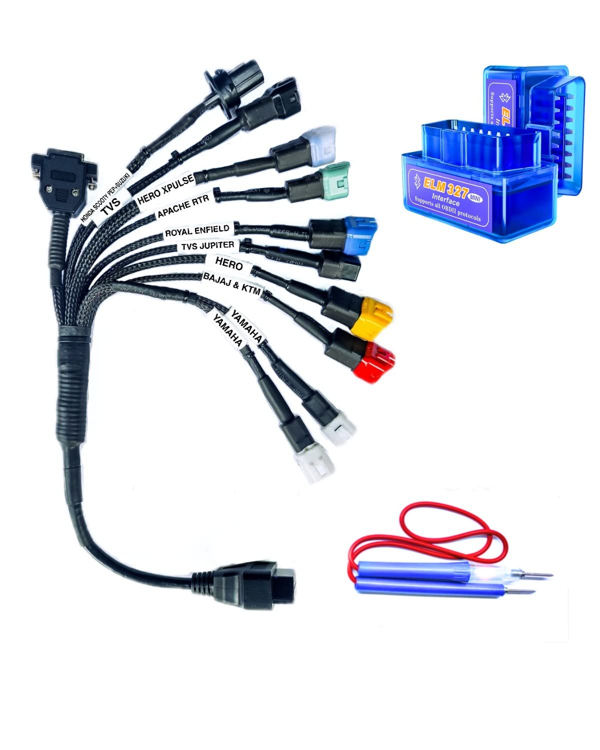 Danlite Tools and Technician All Universal OBD Cable Bs6 Bikes 11 Cord Cable, ELM OBD Scanner for All Bikes Universal Connectors and Cables Scanner for Bikes OBD Scanner Continuity Tester for Free