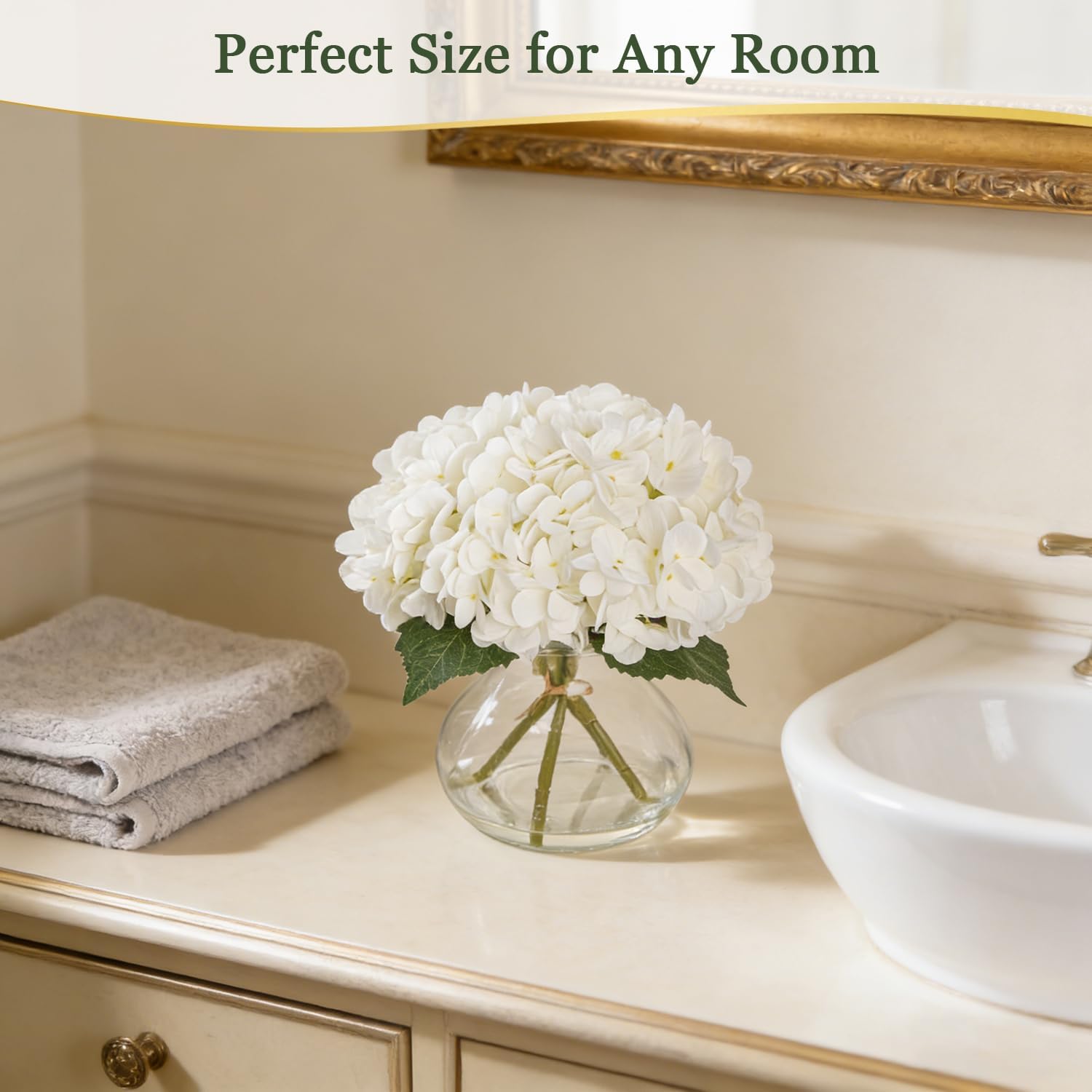PISARRY Artificial Hydrangea Flowers with Glass Vase, White Silk Fake Floral Arrangement for Dining, Coffee Table Centerpieces Decoration, Aesthetic Faux Plants for Shelf, Bookshelf, Bathroom