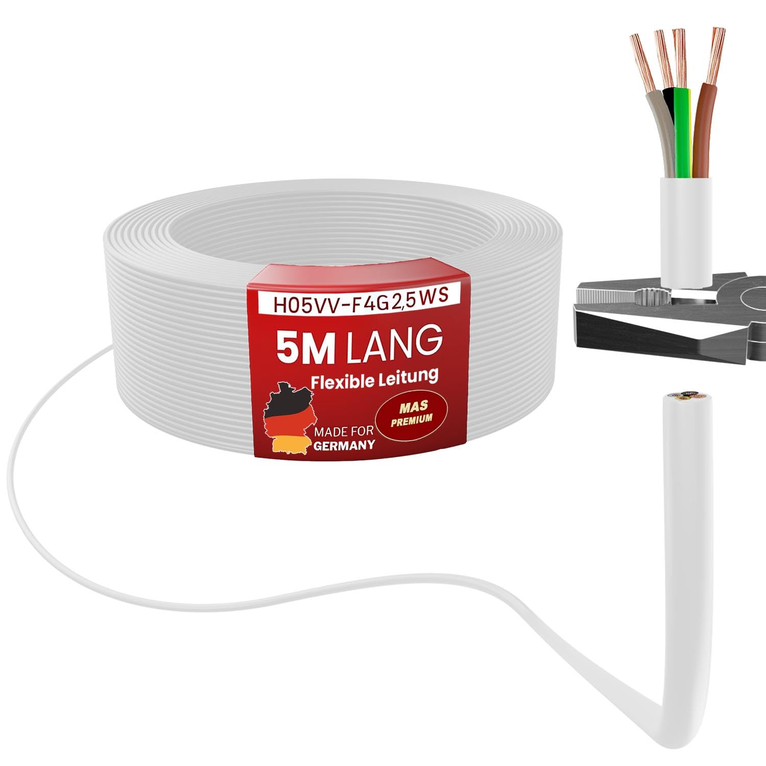 MAS Premium De 5 a 100m Tubo de plástico H05VV-F 2, 3, 4 o 5 x0,75; x1; x1,5 o x2,5 Cable flexible Cable de dispositivos (H05VV-F 4G2,5WS, 5m)