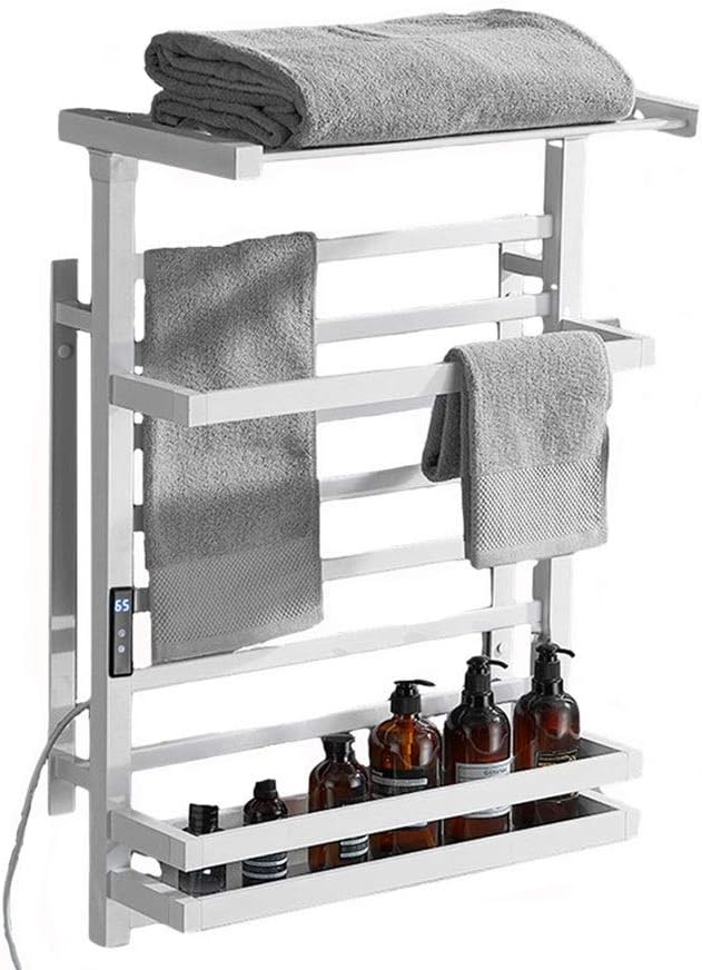 Towel Drying Rack,Wall Mount Heated Aluminum Alloy Wall Mounted Electric Heated Towel Rack Warmer Built-in Timer with LCD Indicators (White 59.4x82.6cm)