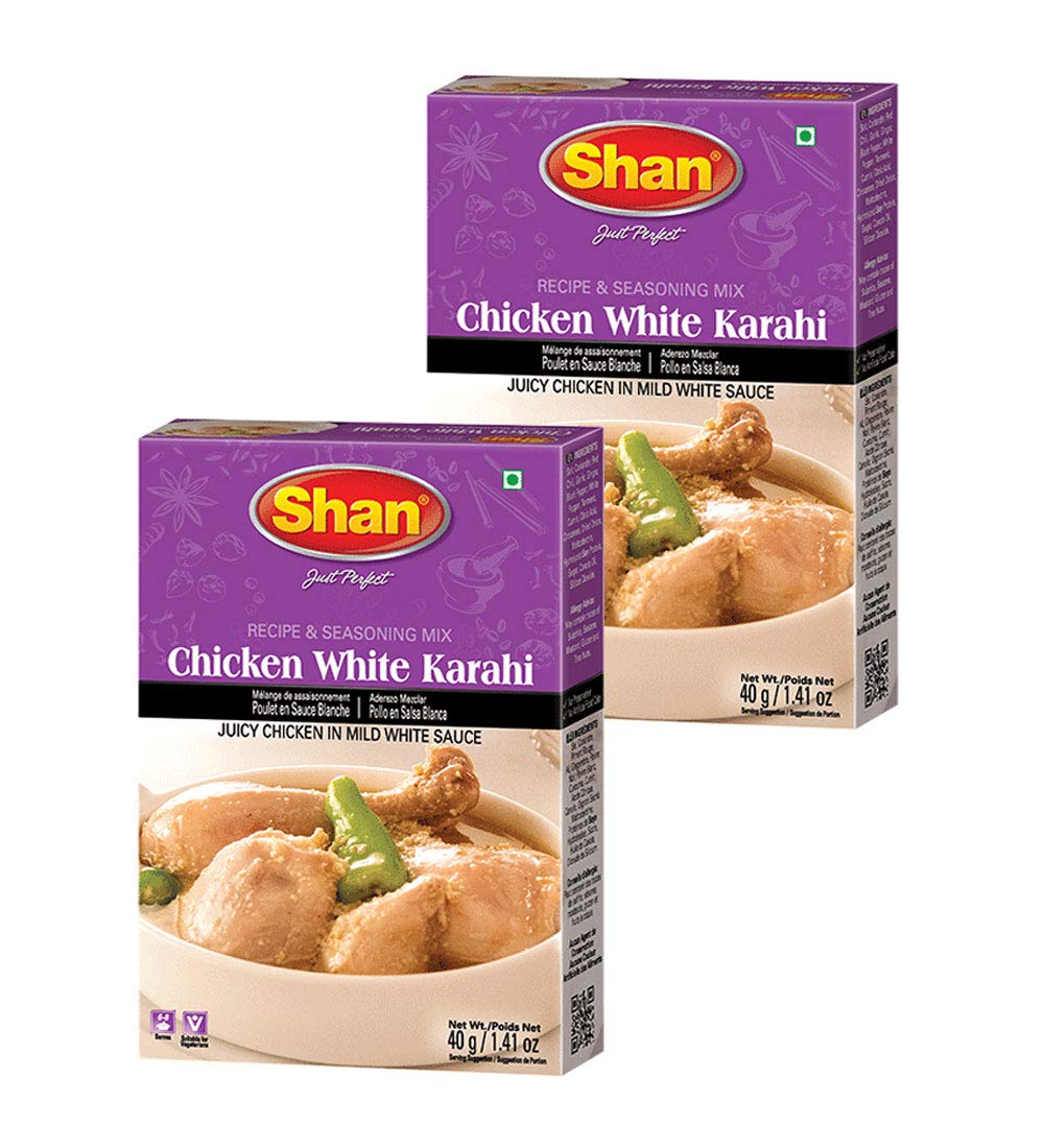 Shan Chicken White Karahi and Seasoning Mix 1.41 oz (40g) - Spice Powder for Juicy Chicken in Mild White Sauce - Suitable for Vegetarians - Airtight Bag in a Box (Pack of 2)