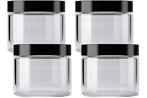 Mountain West Company Clear 6 fl oz Plastic Jars with Smooth Black Lids (4 Pack)