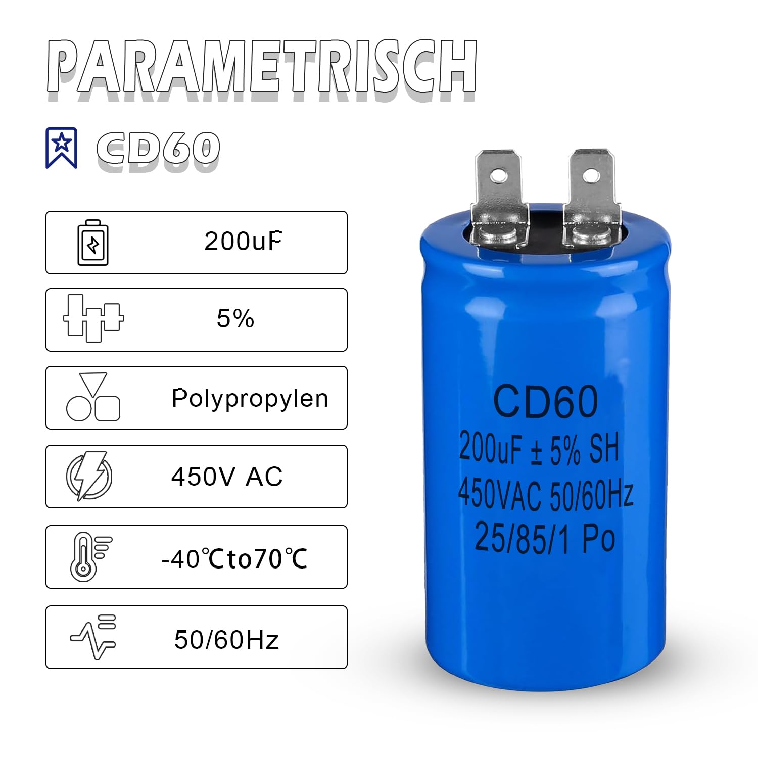 Condensateur De Démarrage Moteur CD60 200µF 450V - Condensateur Universel 50/60Hz