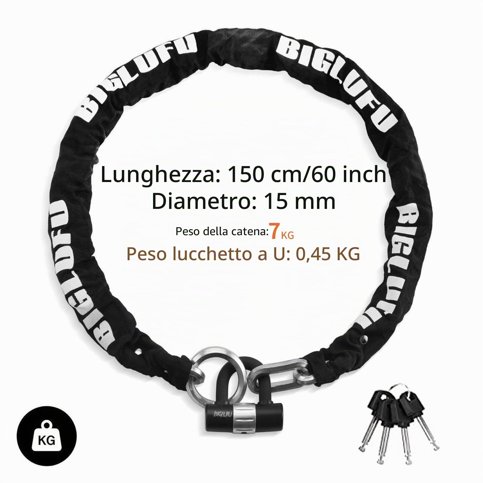Catena per bicicletta lucchetto antifurto catena sicurezza lucchetto resistente antifurto peso pesante 15 mm, per biciclette, moto, generatore, porte, scooter (argento, 1,5 m catena con