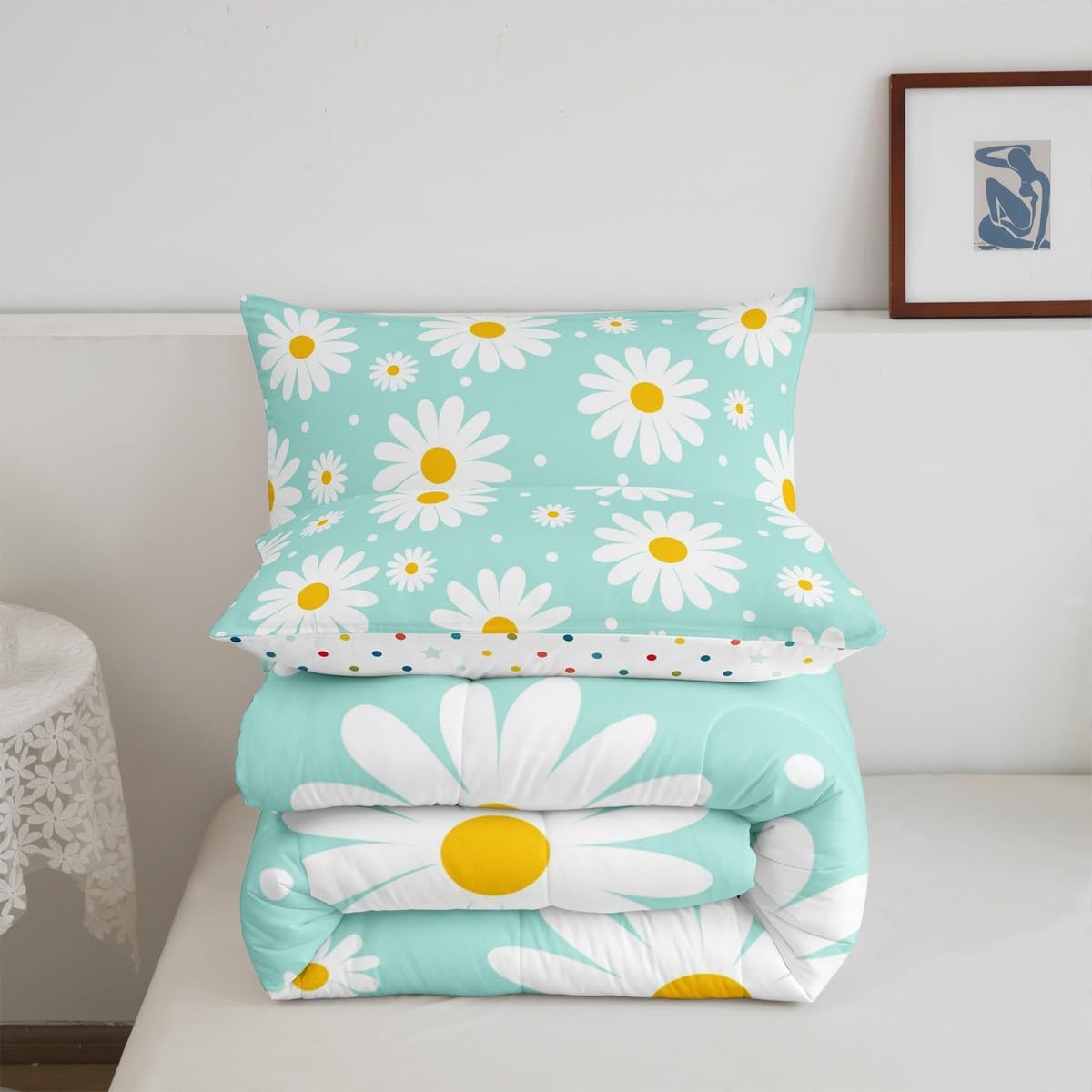 Erosebridal Teal Floral Comforter Set Cute Daisy Girly Bedding Set Garden Plants Cartoon Flowers Comforter Twin Size for Kids Teen Adults,Modern Aesthetic Decor Bed Set 1 Pillow Case