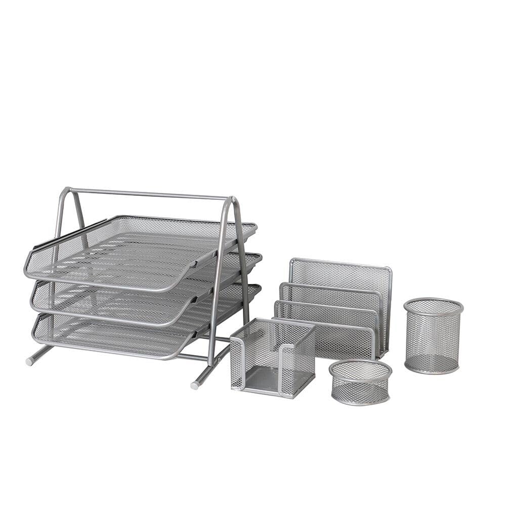 ARA CHOICE Desk Tidy Organiser Set - Office Desk Organisers 3 Tier Set - A4 Paper Tray - Pen Pot - Letter Trays - Storage with Magazine Holder for Office Supplies (Silver)